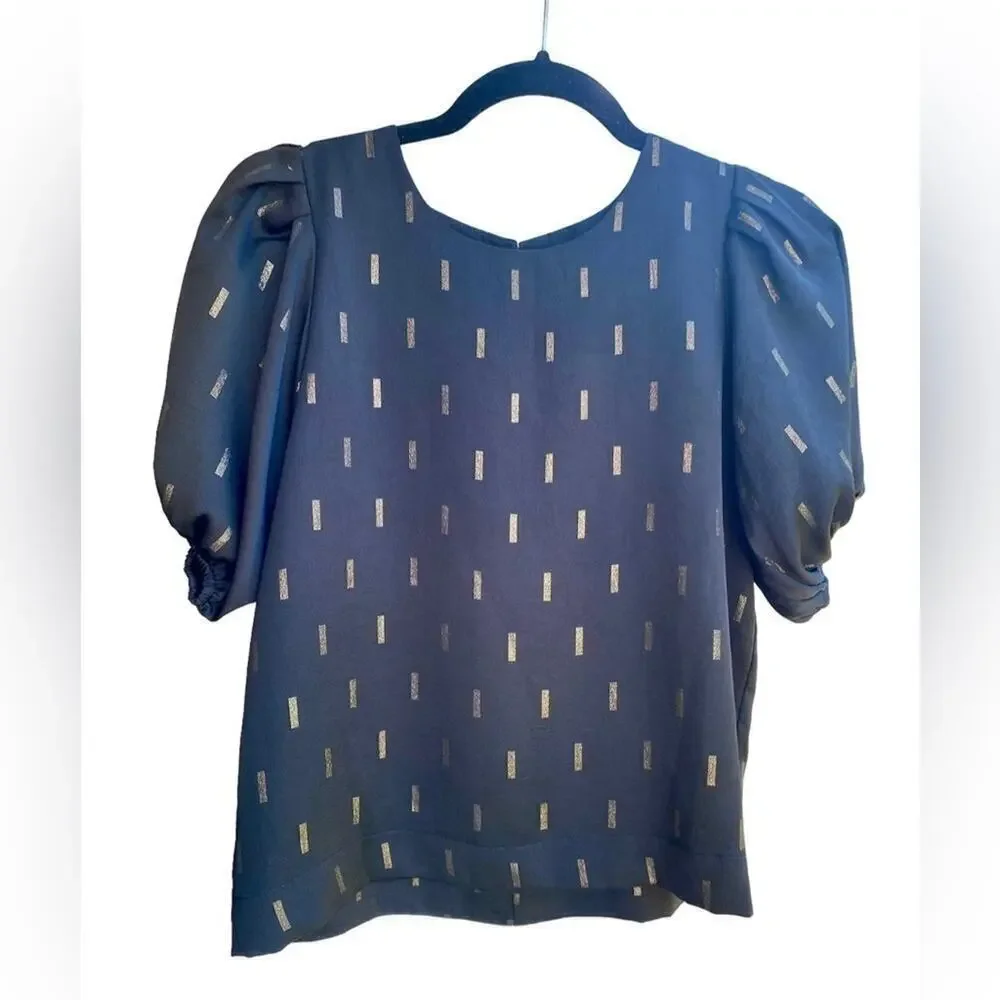 Madewell Metallic Jacquard Puff-Sleeve Top Black with Gold Button Neck Size XXS